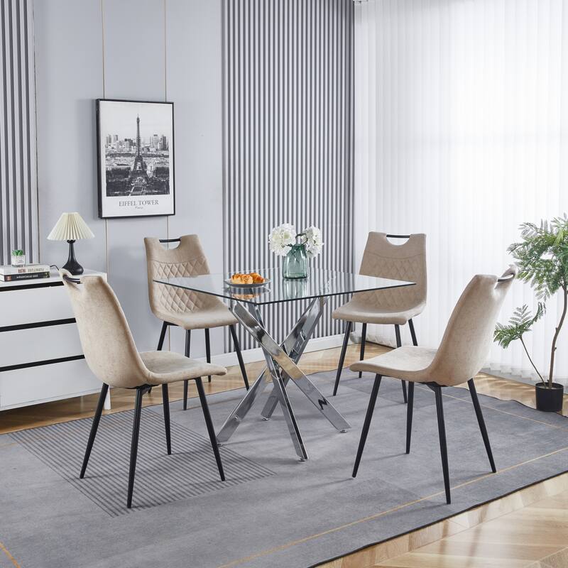 Modern Square Dining Table with Tempered Glass Top & Cross Metal Legs, Space-Saving for Kitchen and Living Room