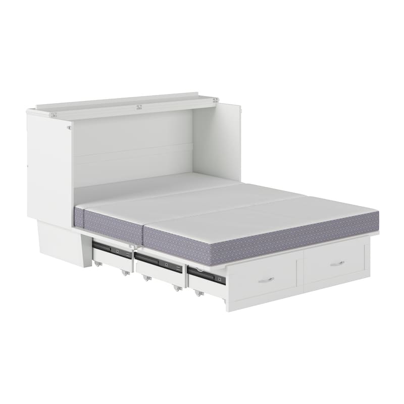 Monroe Queen Murphy Bed Chest with 6" Mattress, Storage Drawer & Built-In Charger in White