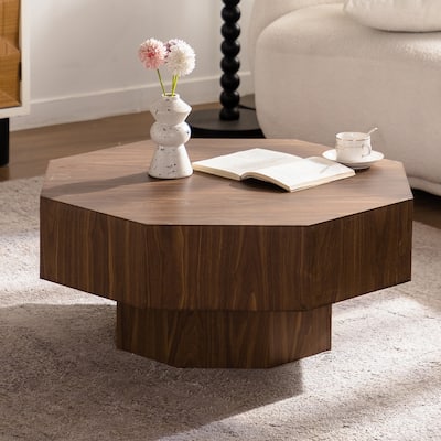 30.51 Inch Coffee Table Wooden Octagonal-Shaped For Living Room Walnut Suitable