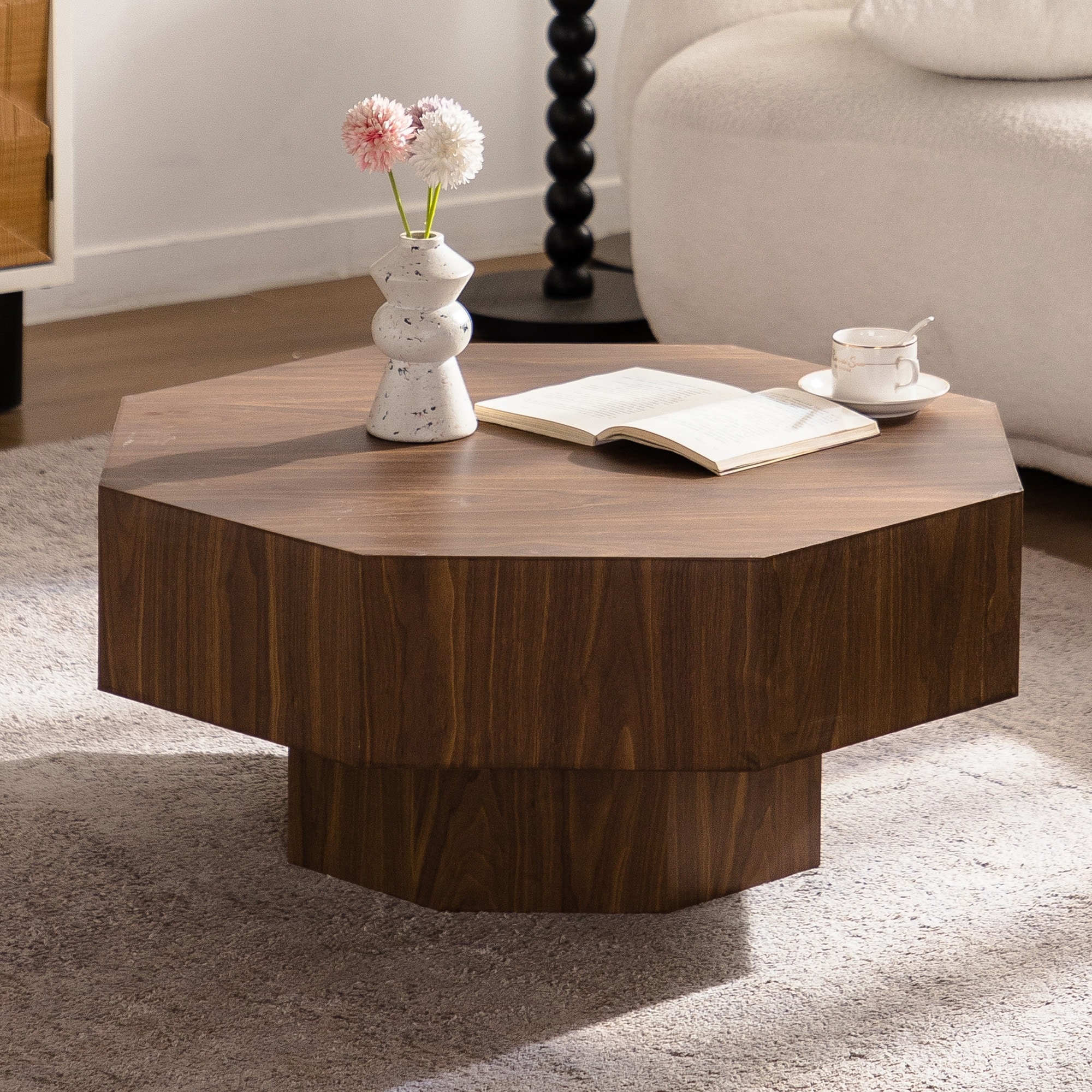 Octagonal Coffee Table with Wooden Pedestal Base by GDFStudio