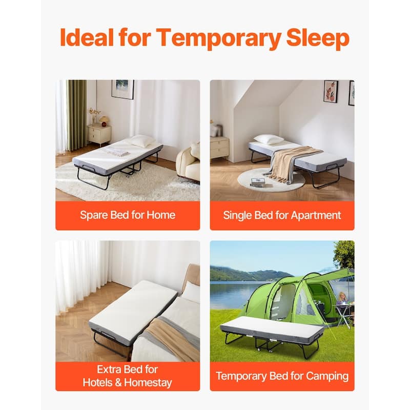 Rollaway Folding Bed with 4 Inch Foam White Mattress and Black Sturdy Steel Frame Perfect for Dorm or Guest