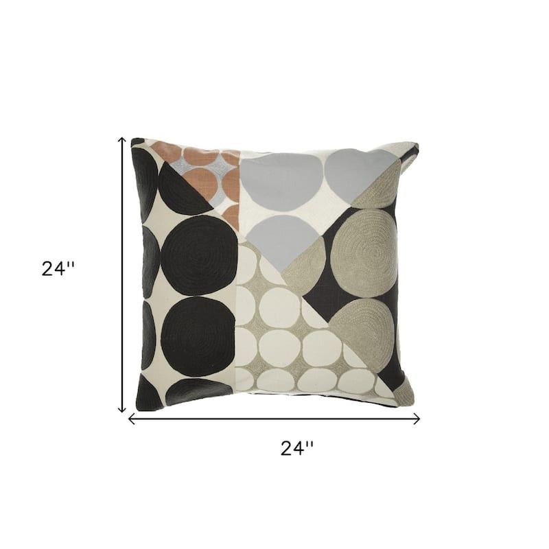 HomeRoots 24" Beige and Black Geometric Cotton Throw Pillow With Embroidery