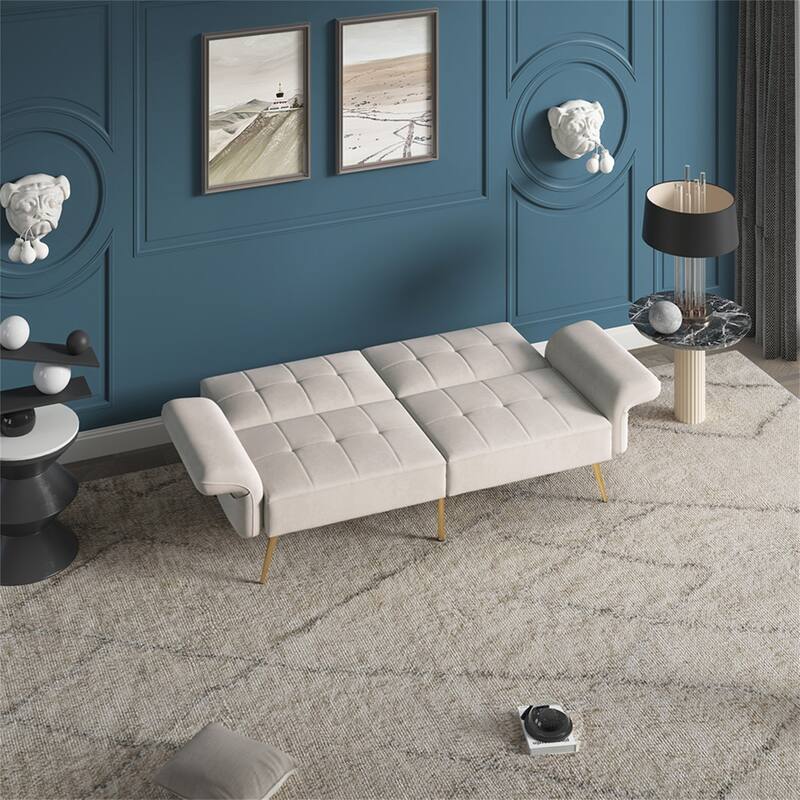 Velvet Futon Sofa Bed with Folded Armrests