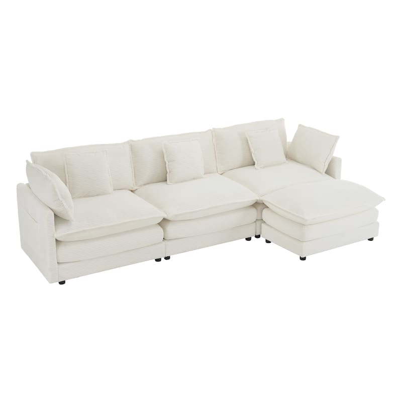 112.6" Corduroy L-Shaped Sectional Sofa with Ottoman and Storage Pockets