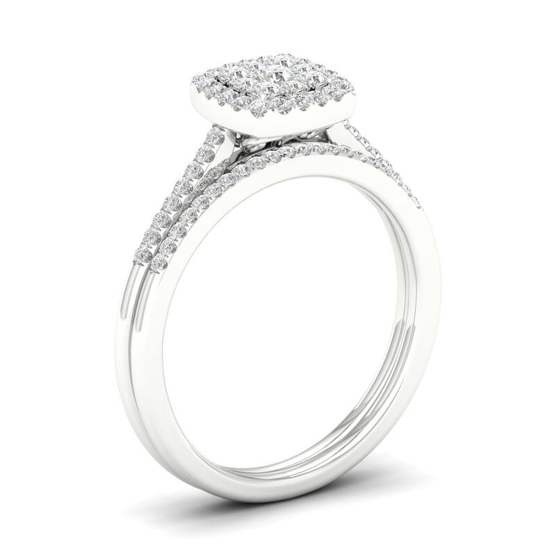 1/4ct TDW Diamond Cluster Halo Bridal Ring Set in Silver for Women
