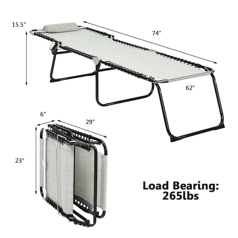 Portable Folding Beach Lounge Chair with Adjustable Height and Pillow for Patio Relaxation - 74.5" x 23" x 15.5" (L x W x H)