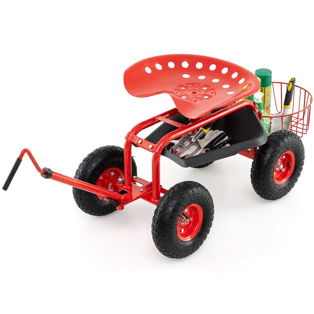 Gymax Rolling Garden Cart Scooter w/ Adjustable Seat Storage Basket
