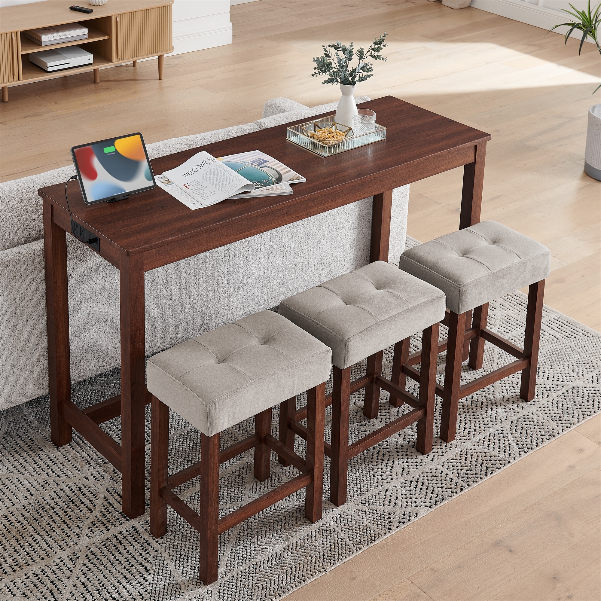 59-Inch Multi-Purpose Bar Table Set with Power Outlet & Upholstered Stools – Ideal for Dining, Living Rooms, and Kitchens‌.