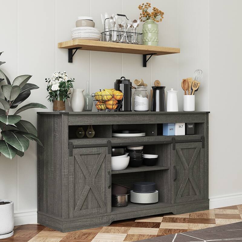 Farmhouse TV Stand for 65 inch TV with Sliding Barn Doors - Grey/Brown