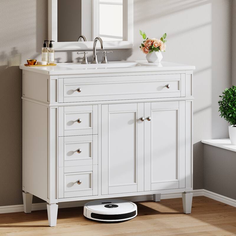White Modern Wooden Bathroom Vanity with Basin, Floor Storage Cupboard