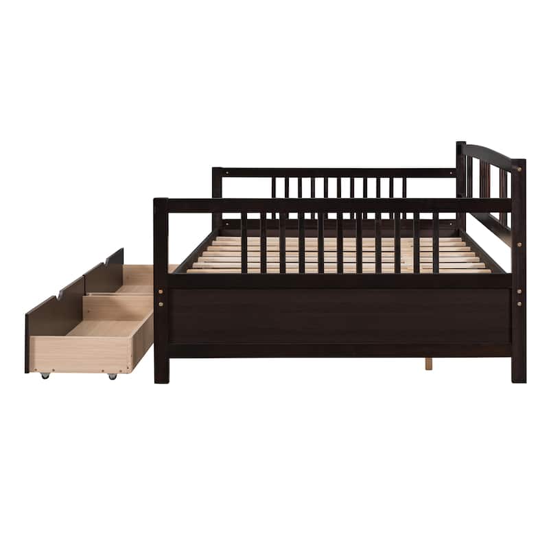 Wood Bed Full Size Daybed with 2 Drawers, Storage Platform Bed Sofa Bed with Side Rails for Bedroom, Living Room