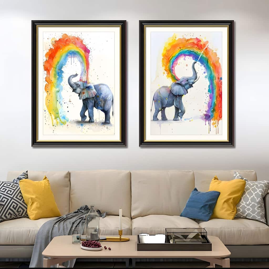 Set of 2 Colorful Elephant Framed Wall Art - Replaceable Canvas Prints with Solid Wood Picture Frames, Modern Animal Artwork