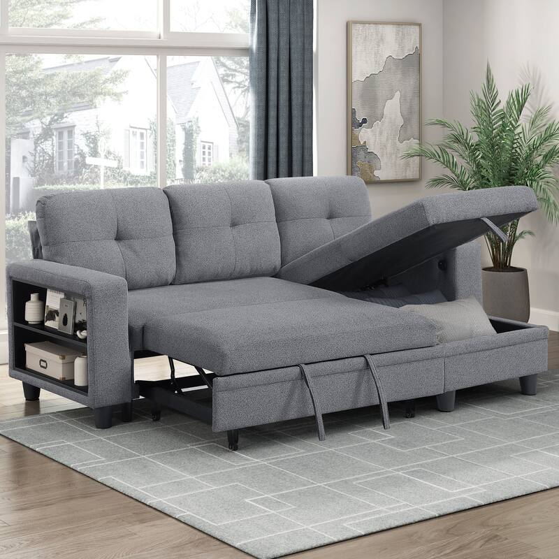 Hazel Boucle Sectional Sofa - Reversible Chaise, Pull-out Bed, Shelves