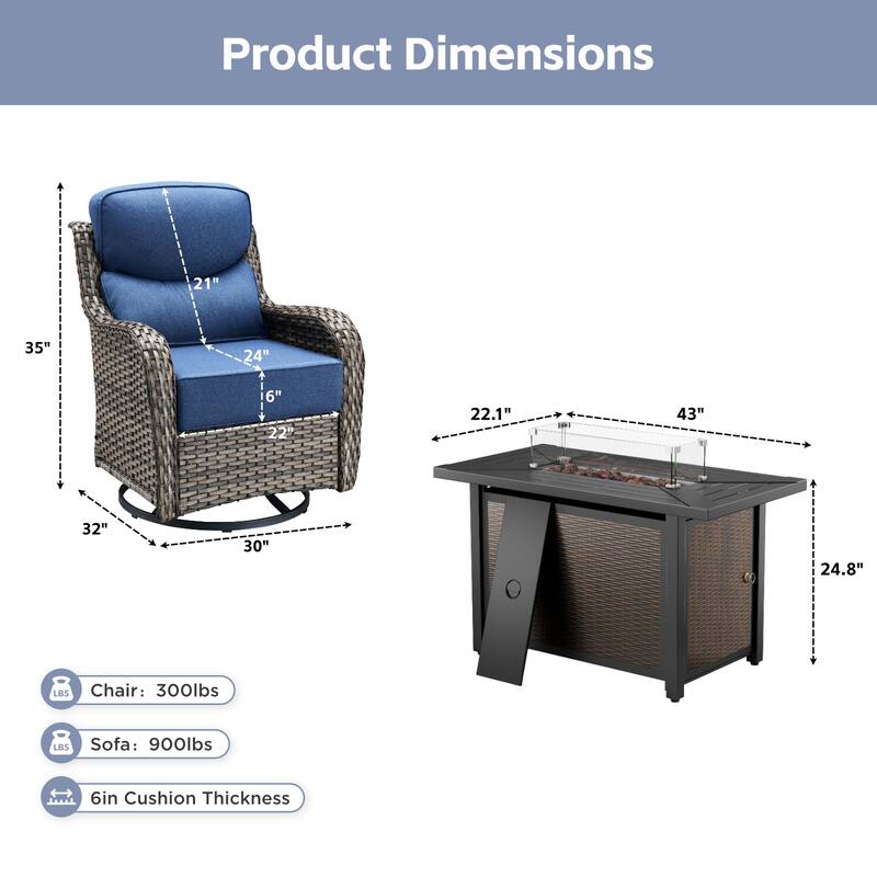 Arcadia 5-Piece Wicker Patio Set with 4 Swivel Glider Chairs and All-Iron Fire Pit