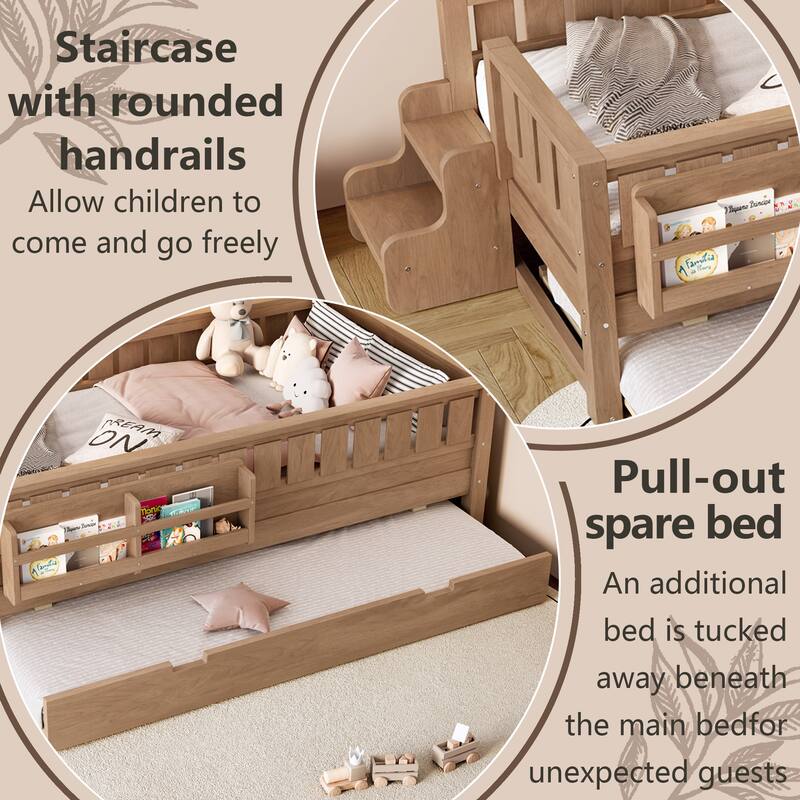 Full/Twin Loft Bed with Bookshelves, Safety Stairs & Trundle