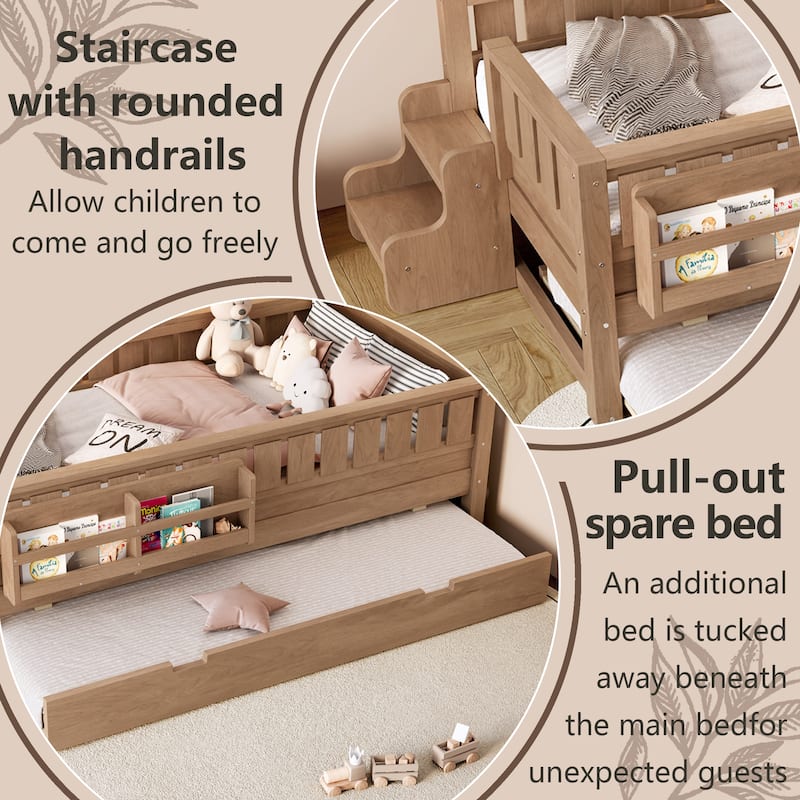 Full/Twin Size Wood Bed with Built-in Bookshelves and Storage Staircase, Safety Rails and Trundle Bed