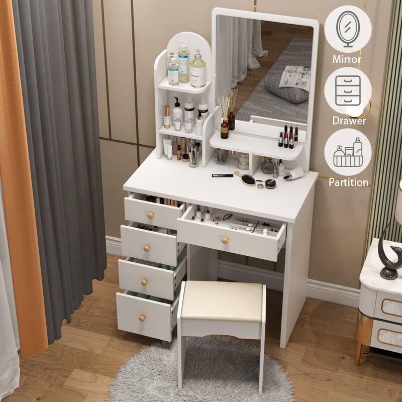 Timechee Makeup Vanity Set with Mirror and Stool, Drawer & Shelf - White