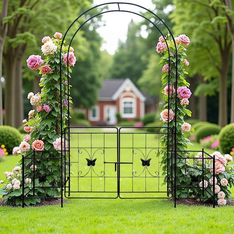 Garden Arch Arbor Trellis for Climbing Plants with Gate, Durable Metal Garden Arch Outdoor Wedding Arch, 7.15ft - Black