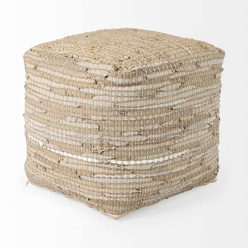 Mercana "Aalia" Beige Leather & Jute Square Pouf