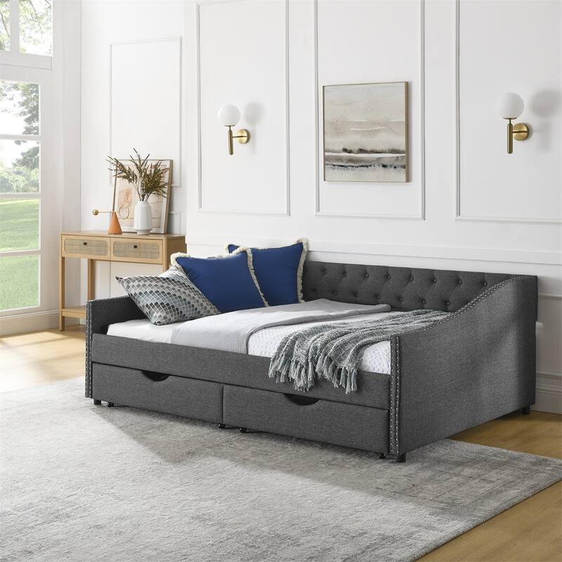 Full Size Upholstered Tufted Daybed with Drawers and Copper Nail