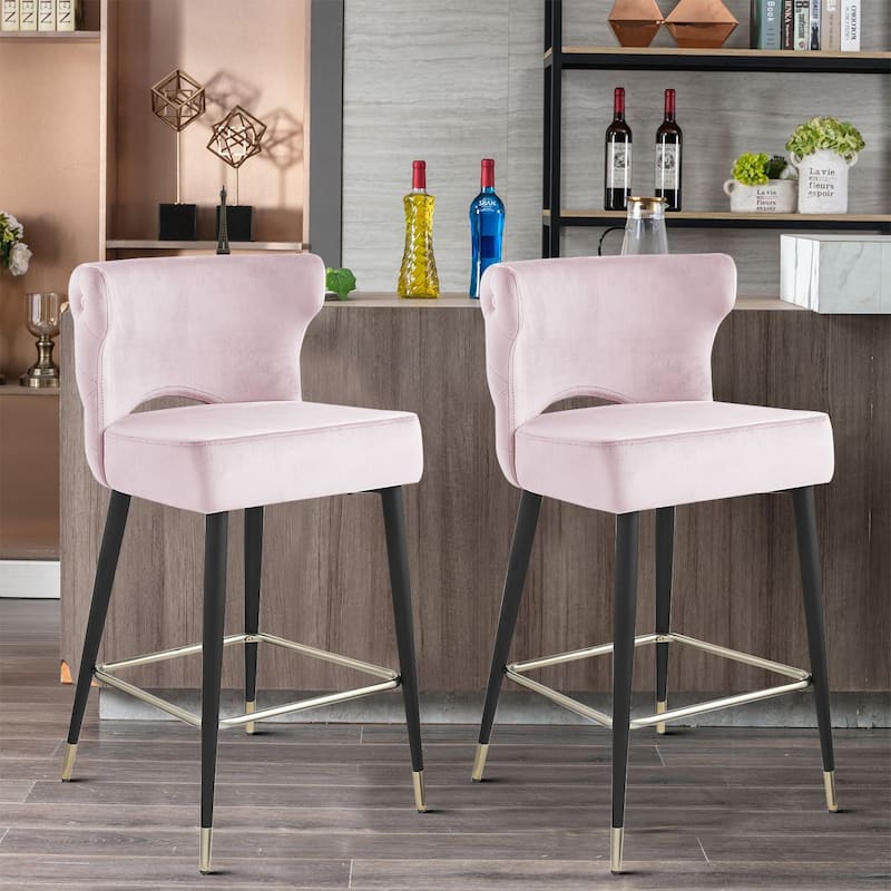 Mid-Century Modern Velvet Upholstered Barstools with Black Metal Legs