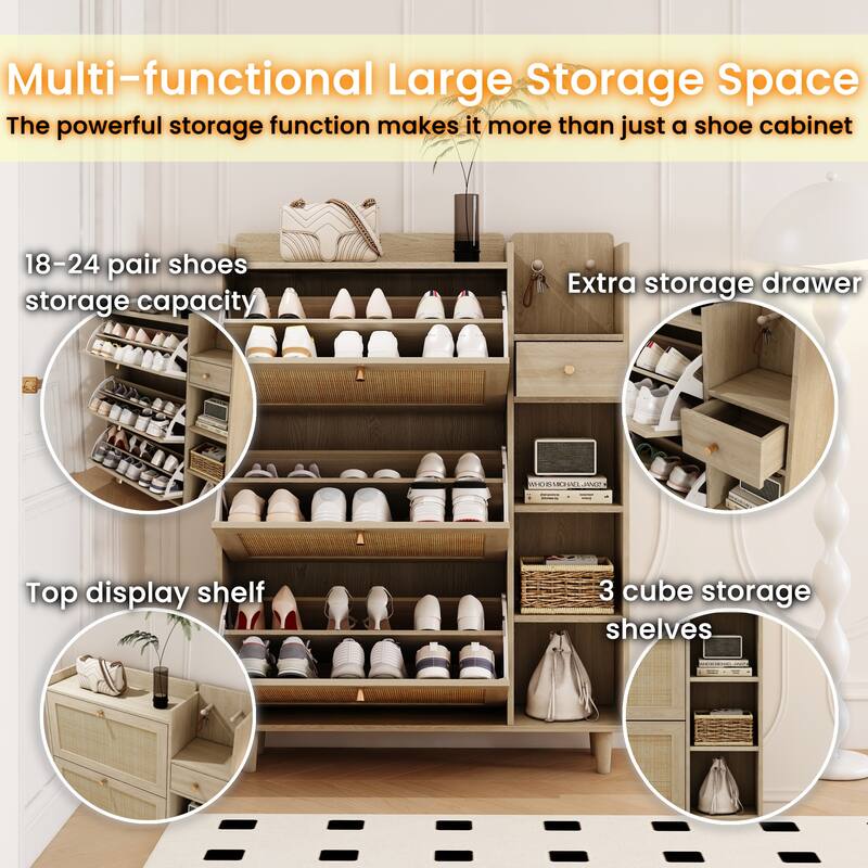 Natural Bohemia Style Shoe Cabinet with 3 Rattan Flip Drawers and 3 Cube Storage Shelves