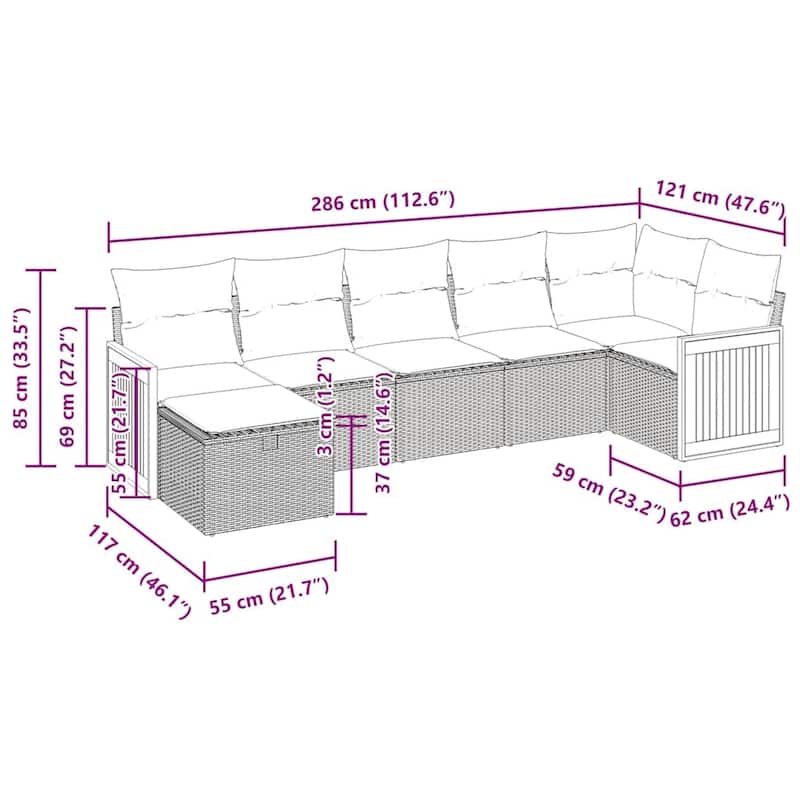 vidaXL 7 Piece Patio Sofa Set with Cushions Black Poly Rattan - 21.7 x 24.4 x 27.2
