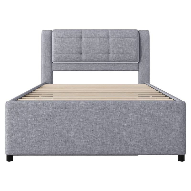 Full Size Upholstered Platform Bed with Pull-Out Trundle, Modern Bed Frame with Headboard, Trundle can be flat or erected