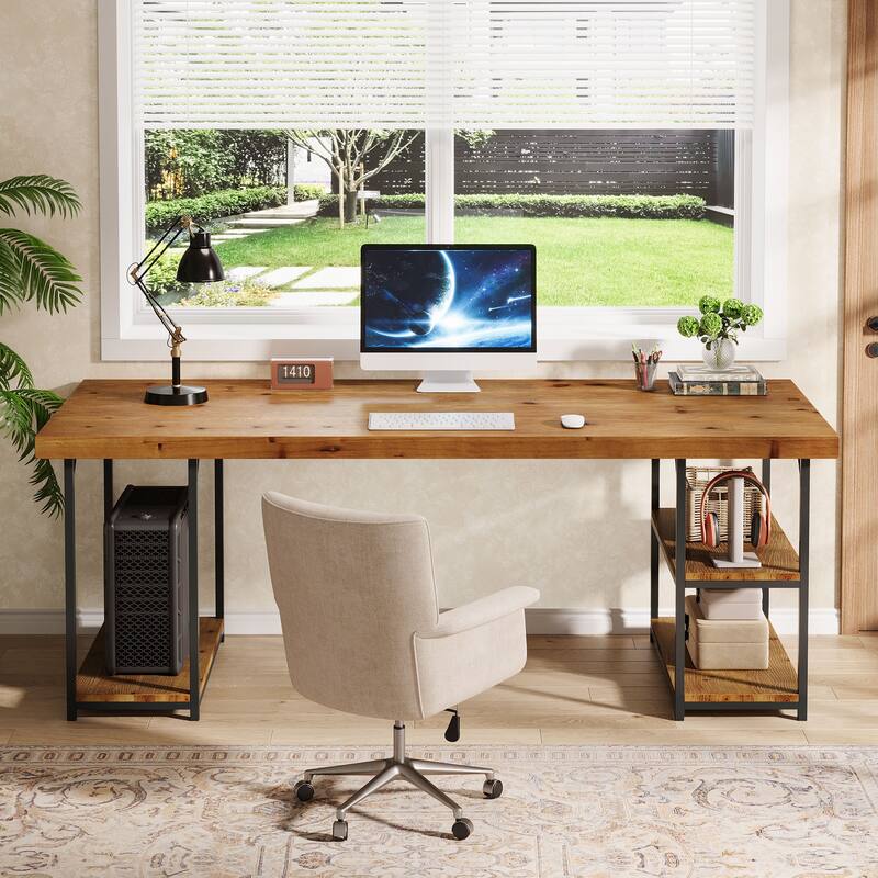 71'' Extra Long Desk with Shelves, Solid Wood Home Office Computer Desk