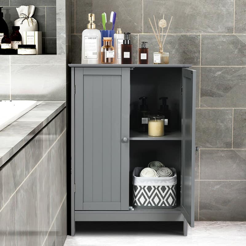 Gymax Bathroom Floor Storage Cabinet Double Door Kitchen Cupboard Shoe