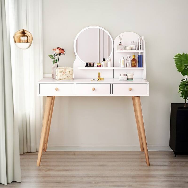 Makeup Vanity Desk with Mirror and Lights, Cute Vanity Makeup Table, 3 Drawers , 3 Lighting Modes