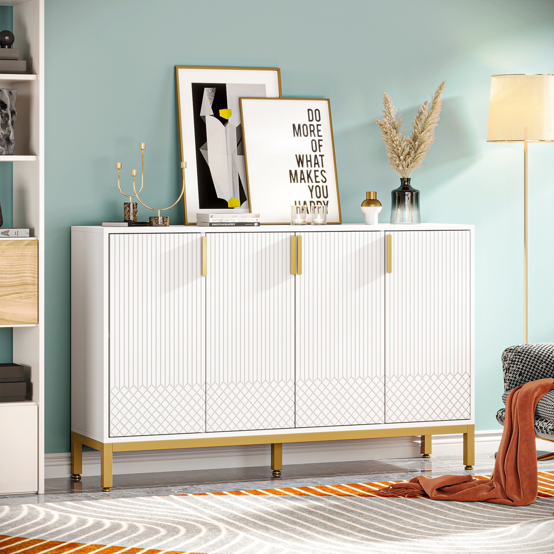 Rattan Buffet Sideboard Accent Storage Cabinet Coffee Bar Cabinet Doors Cubbies Natural