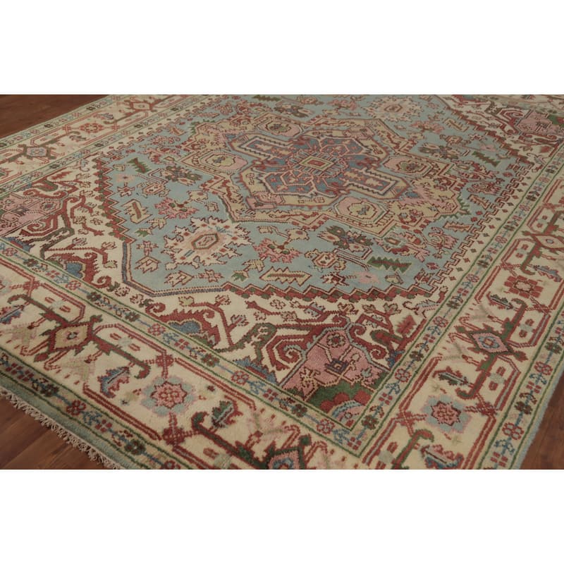 Light Blue Geometric Heriz Serapi Indian Area Rug Handmade Wool Carpet - 7'9" x 9'10"