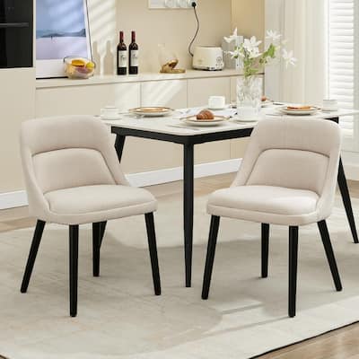Set of 2 Modern Dining Chairs with Wood Legs - Upholstered Linen Fabric