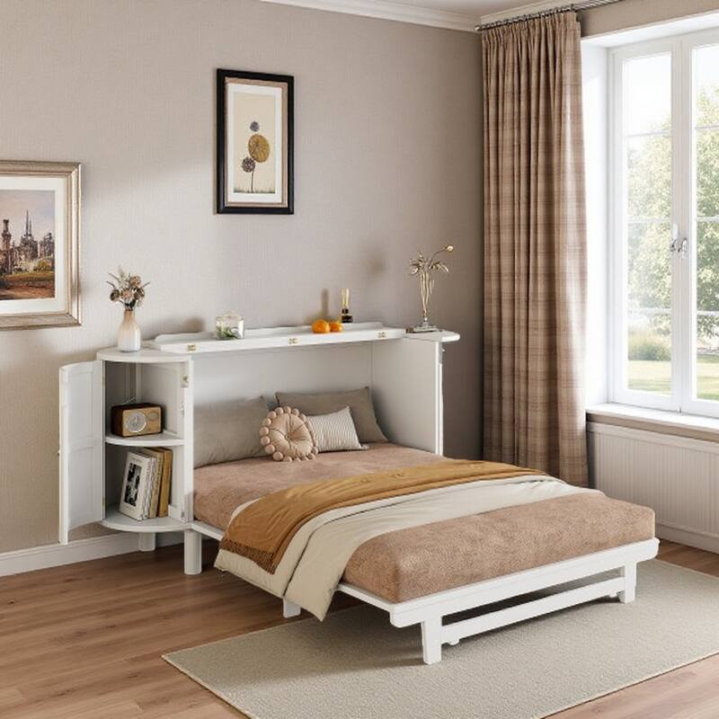 Queen Size Murphy Bed with Hidden Storage, Side Cabinets, and Woven Drawer Design, Space-Saving Foldable Bed - Queen White - Queen