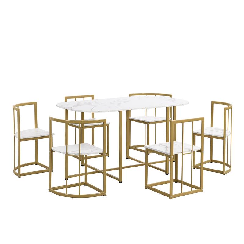 7-Piece Dining Table Set with Faux Marble Compact