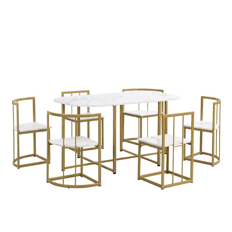 Roomfitters Modern 7-Piece Faux Marble Dining Table Set, Compact 55" Table for 6