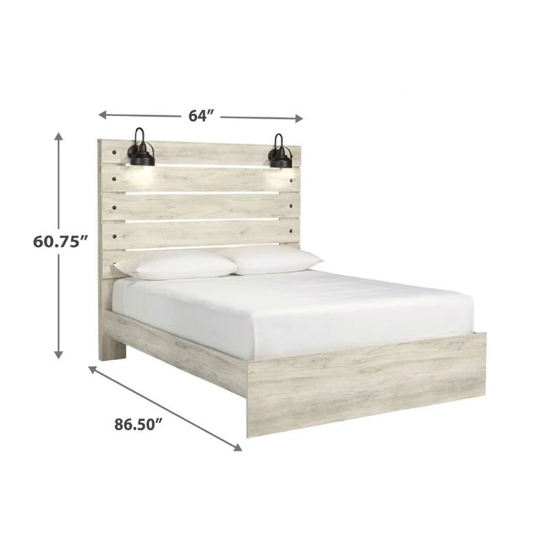 Cemy Queen Size Bed, Open Slat Headboard w 2 Sconce Lights, Whitewash