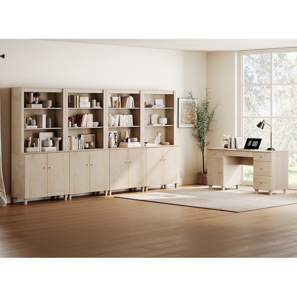 WAMPAT Home Office Furniture Set, 58" Executive Desk with Cabinet, 4-Column 71" Tall Bookcase with Doors and Adjustable Shelves