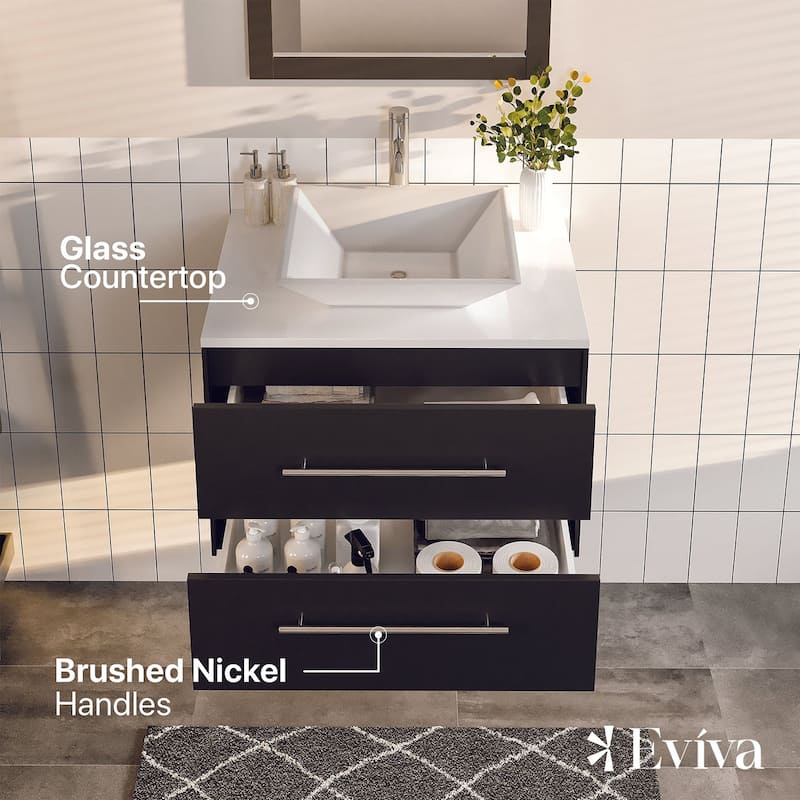 Wave 24" Espresso SS Bath Vanity with White Quartz Top and Vessel Porcelain Sink