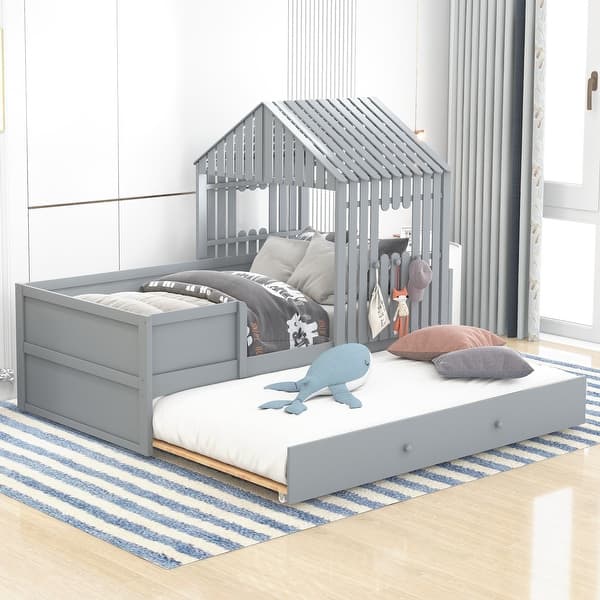slide 2 of 9, Gray Twin House Low Loft Bed with Trundle Gray