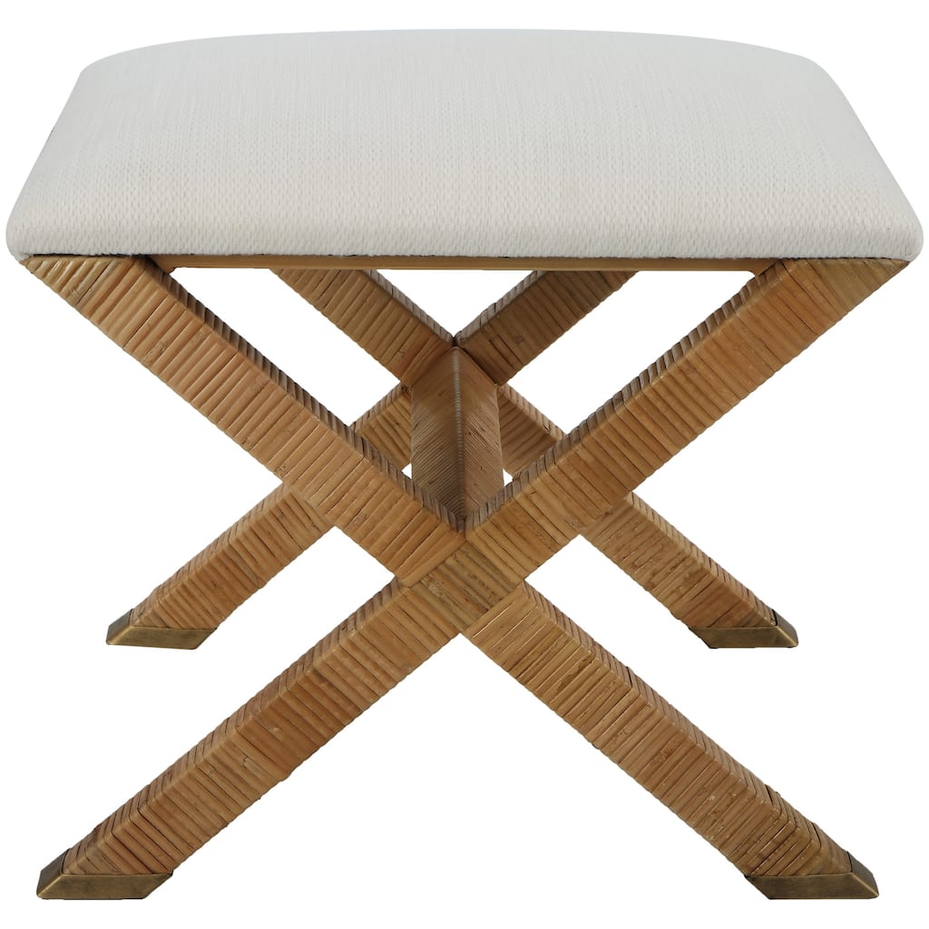 Upholstered Rattan X Shaped Base Small Bench - 19" - White and Brown