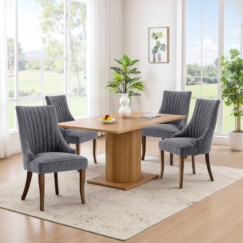 Vintage Linen Upholstered Dining Chairs Set of 2 with Channel Tufted Back & Solid Wood Legs