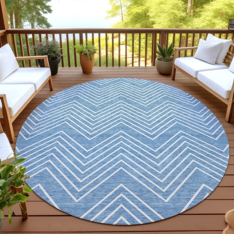 Machine Washable Indoor/ Outdoor Modern Chevron Chantille Rug - Blue - 8' x 8'