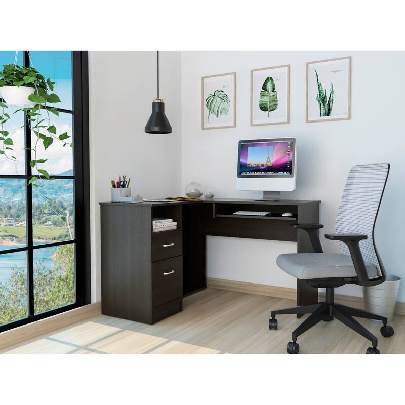 FM Furniture Raleigh L-Shaped Desk with Two Drawers, One Shelf and CPU Storage - Black