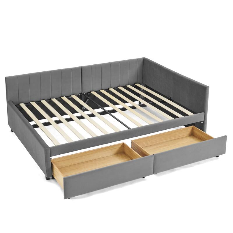 Full Size Upholstered Tufted Daybed with Storage Drawers, Velvet Grey, Comfortable Backrest and Armrests