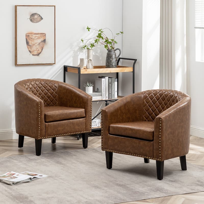 KINWELL 29" PU Faux Leather Club Armchair with Nailheads, Set of 2
