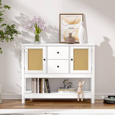 Farmhouse Rattan Buffet Sideboard with Bottom Shelf Console Table, 2 Drawers and Cabinets