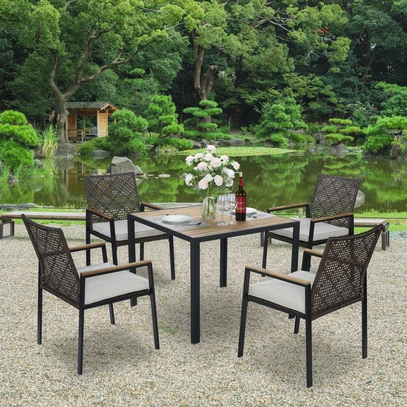 All Weather 5-Piece Patio Dining Table Set, Acacia Wood Top with Umbrella Hole, Rattan Outdoor Conversation Set