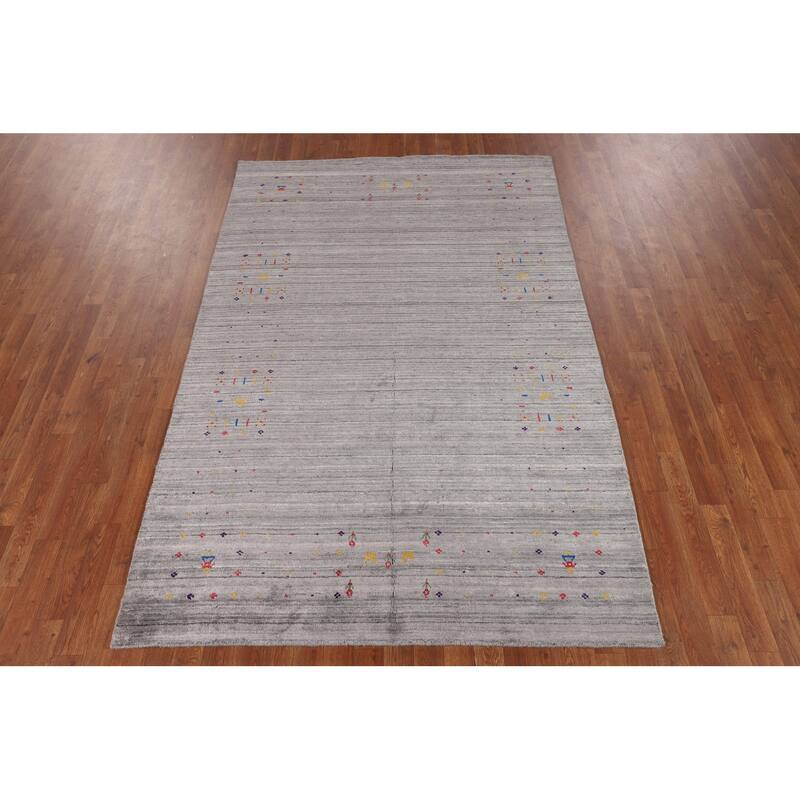 Gray & Green Striped Gabbeh Oriental Area Rug Handmade Silk Carpet - 5'2" x 7'10"